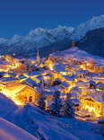 Dusk on Ardez village covered with snow, Switzerland