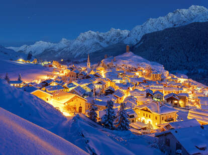 Dusk on Ardez village covered with snow, Switzerland