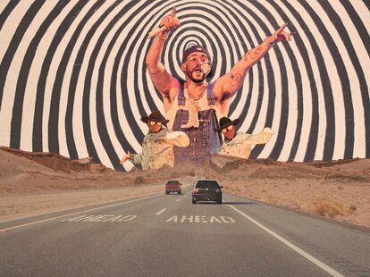 A collage showing a desert road, with Bad Bunny standing on the horizon.