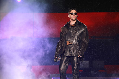 Bad Bunny performs during his “P FNK R” Concert at Hiram Bithorn Stadium on December 10, 2021 in San Juan, Puerto Rico.