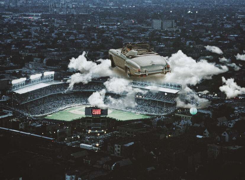 illustration of a vintage car floating above wrigley field in chicago