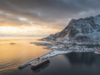 Cruise ship in winter near the Arctic Circle