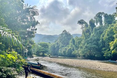 longboats pulled up to shore in malaysian boreno near mulu national park