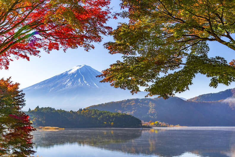 lake kawaguchiko in autumn, mt. fuji in background
