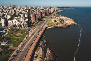 aerial view of the waterfront and sea of montevideo