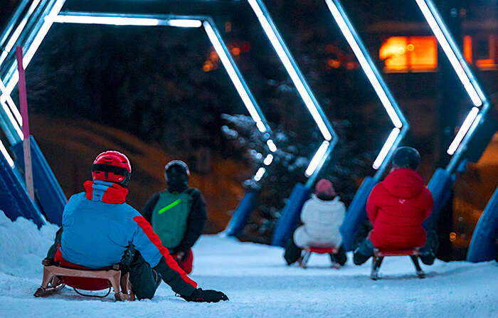 sledders racing down the light ride course in the swiss alps