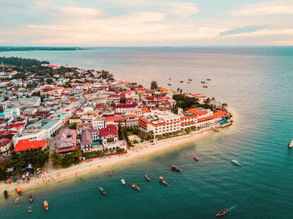 Aerial view of Stone Town, Zanzibar coastline.