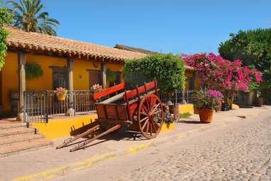 a red wheelbarrow sits outside of a one-story building with blue skies and palm trees in the background