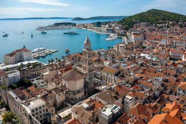 aerial shot of Split, Croatia with cruise ships and yachts