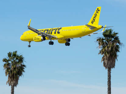 Spirit Airlines Airbus A321-231 jet shown approaching LAX for landing.