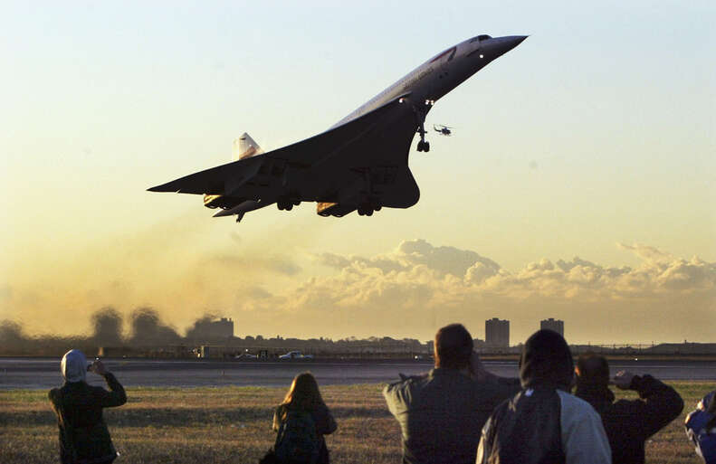 british airways Concorde supersonic jet passenger flight takes off from John F. Kennedy International Airport en route to London