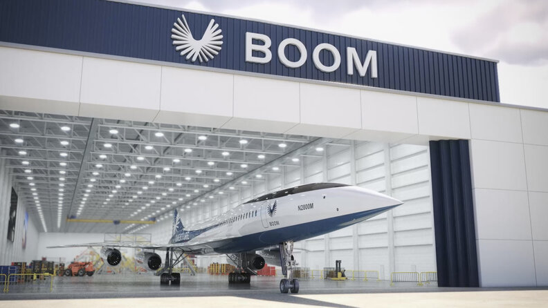 boom supersonic jet rendering exiting a boom hanger