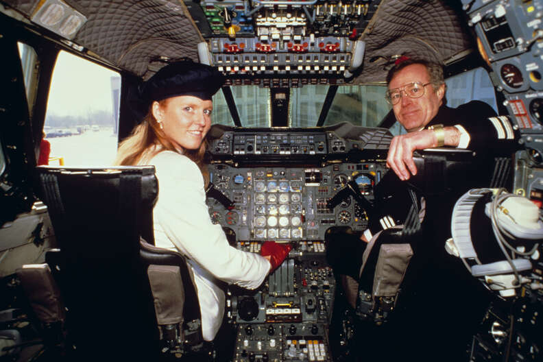 The Duchess of York inside a british airways concorde supersonic airliner cockpit in 1987