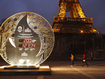 he official Omega Olympic countdown clock located beside the River Seine