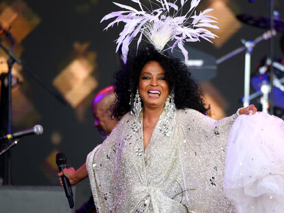 Diana Ross performs on the Pyramid Stage during day five of Glastonbury Festival at Worthy Farm, Pilton on June 26, 2022 in Glastonbury, England.