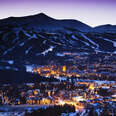 USA, Colorado, Breckenridge, elevated town view from Mount Baldy at dusk.