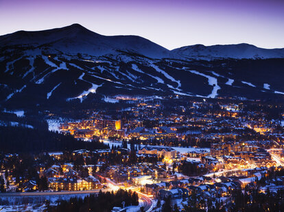 USA, Colorado, Breckenridge, elevated town view from Mount Baldy at dusk.