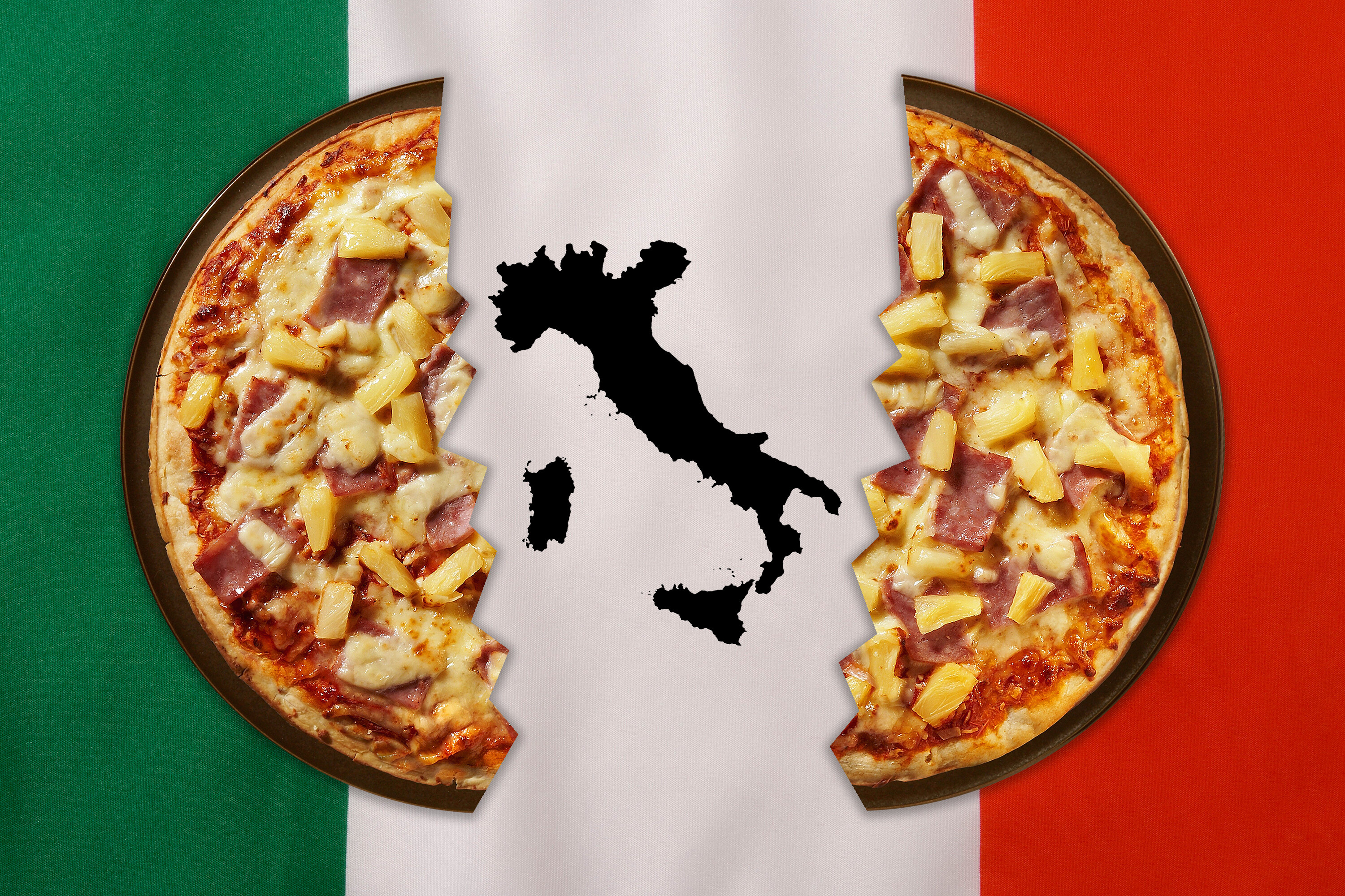 pizza split in half over an italian flag and image of italy