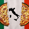 pizza split in half over an italian flag and image of italy