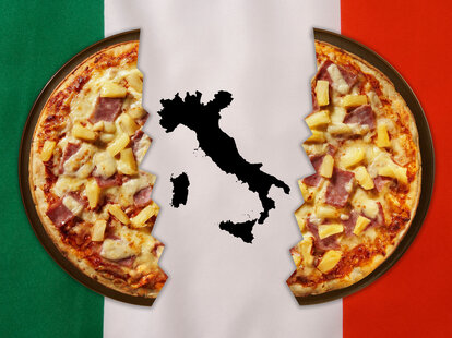 pizza split in half over an italian flag and image of italy