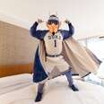 ncaa duke blue devil mascot jumping on a marriott hotel bed