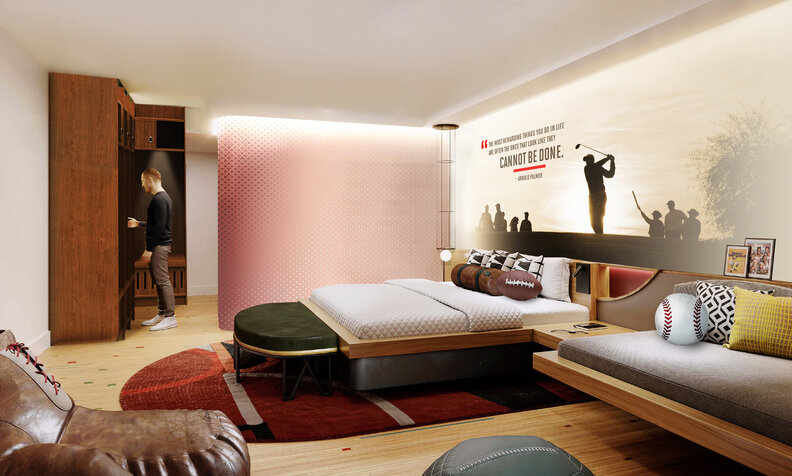 rendering of a guest room inside a Sports Illustrated Resorts hotel