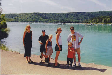 Family in the eighties on vacation pose for a photo in France