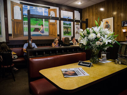 The booth at which the final scene of the final episode of the HBO show, “The Sopranos,” was filmed, is seen at Holsten’s restaurant in Bloomfield, New Jersey