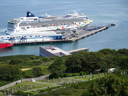 ‘Norwegian Dawn’ arrives at Portland Port on July 26, 2023 in Portland, England