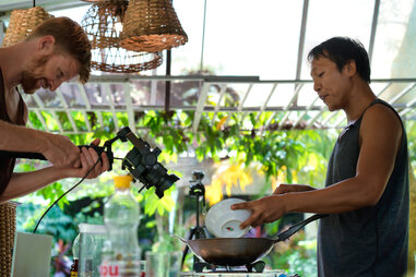 Vlogging live stream cooking class Chef and camera operator