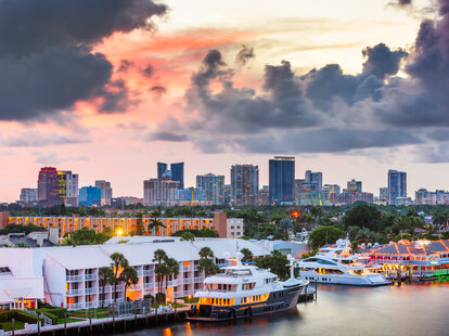The Fort Lauderdale, Florida, skyline and river at dusk.