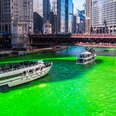 Tourist boats on the river in Chicago, which is dyed green for St. Patrick's Day