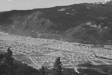 aerial archival shot of the camp hale barracks in colorado