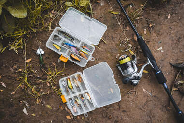 fishing supplies, tackle box, rod and reel, lures