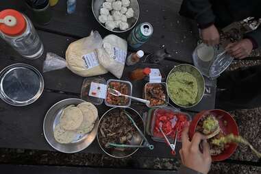 making tacos on a campout in angeles national forest near los angeles