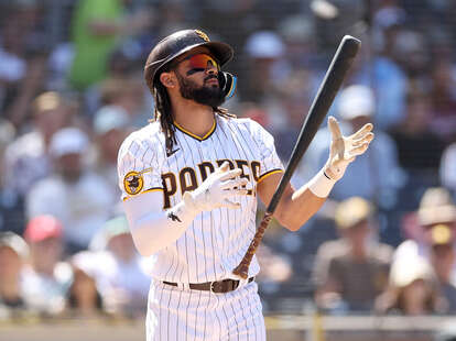 SAN DIEGO, CALIFORNIA - SEPTEMBER 06: Fernando Tatis Jr. #23 of the San Diego Padres reacts to a strike during the fourth inning of a game against the Philadelphia Phillies at PETCO Park on September 06, 2023 in San Diego, California. (Photo by Sean M. Ha