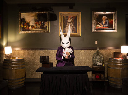 a man in a purple jacket and a rabbit mask, fanning a set of cards.