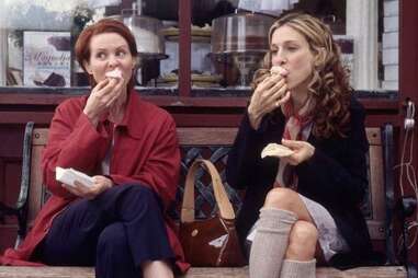 Miranda and Carrie outside of Magnolia Bakery in the West Village