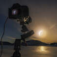 Camera set up photographing a solar eclipse in Iceland