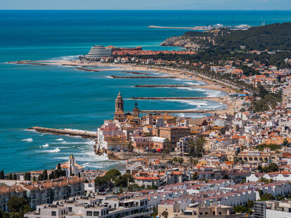 An aerial view of Sitges, a town near Barcelona in Catalunya, Spain. It is famous for its beaches and nightlife.