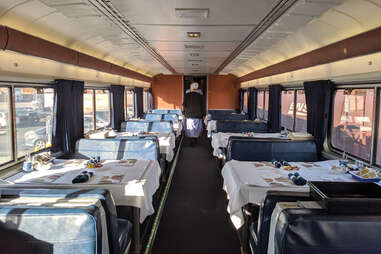 Somewhere in New Mexico, the Amtrak train dining car awaits the lunch crowd