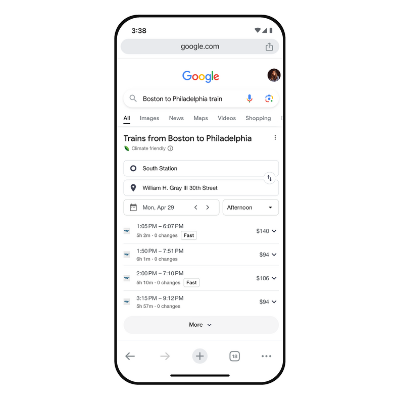 A graphic showing how the new Google search feature will work for searching train routes.