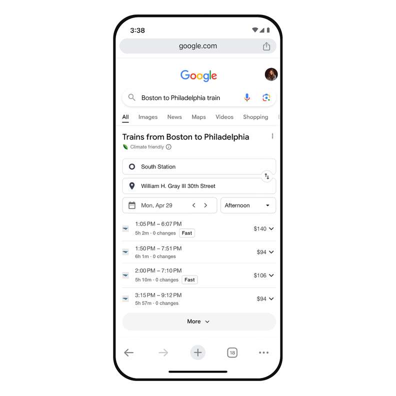 A graphic showing how the new Google search feature will work for searching train routes. 