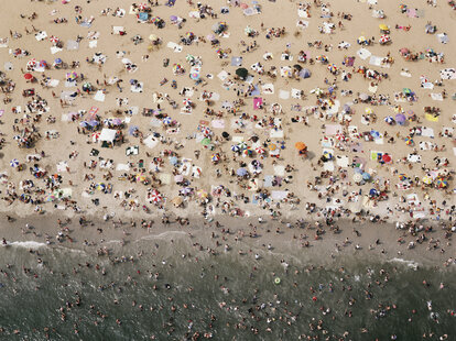 An aerial view of Coney Island Beach during the summer.