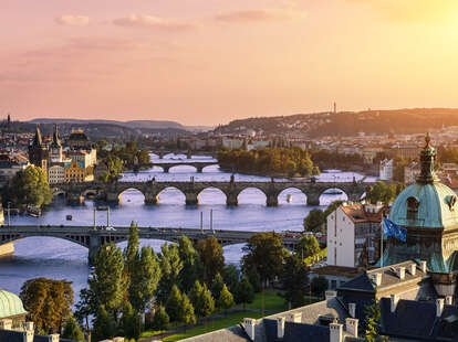 Vitava river and Charles bridge and bridges of Prague