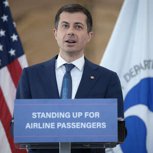 U.S. Transportation Secretary Pete Buttigieg speaks during a news conference at Washington National Airport April 24, 2024 in Arlington, Virginia. During the news conference, Buttigieg outlined newly announced consumer protections for airline customers.