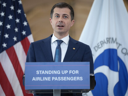 U.S. Transportation Secretary Pete Buttigieg speaks during a news conference at Washington National Airport April 24, 2024 in Arlington, Virginia. During the news conference, Buttigieg outlined newly announced consumer protections for airline customers.