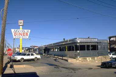 1970s mayfair diner exterior with vintage sign and car parked outside in philadelphia