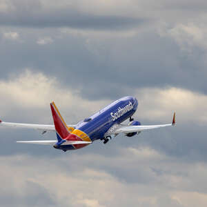 A Southwest Airlines Boeing 737 Max 8 airplane takes off from Baltimore-Washington Airport (BWI) in Baltimore, Maryland, US.