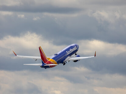 A Southwest Airlines Boeing 737 Max 8 airplane takes off from Baltimore-Washington Airport (BWI) in Baltimore, Maryland, US.